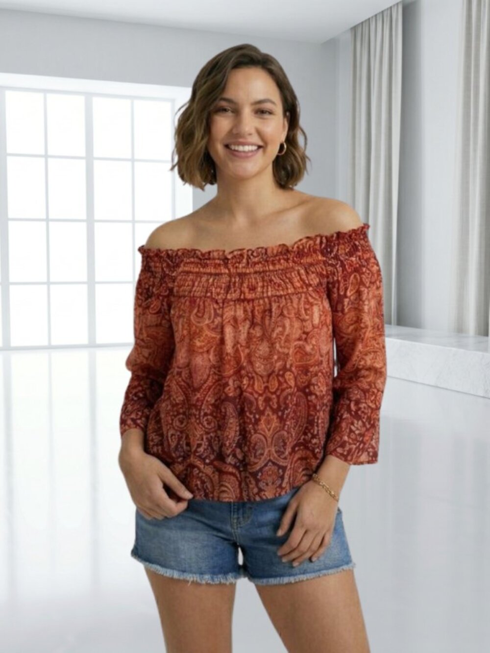 NWT Next Era Boho Rust Paisley Smocked Off Shoulder Peasant Top Size Medium